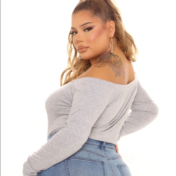 Fashion Nova Off Shoulder Heather Grey Bodysuit. - Picture 2 of 10